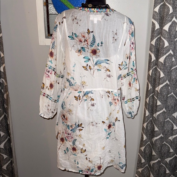 Johnny Was Workshop White Floral Cotton Embroidered Mini Dress SZ Large - Picture 5 of 8